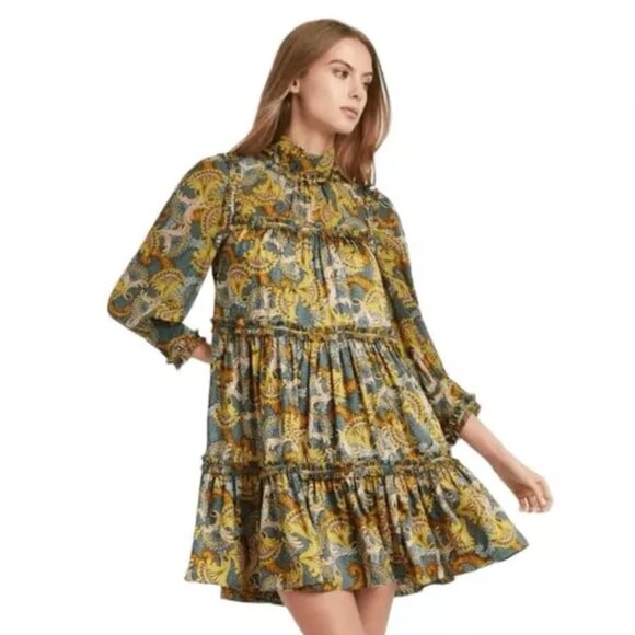 Cinq a Sept Brady Paisley Ruffle Tiered Babydoll Dress in Eucalyptus Size 14 - Picture 1 of 5